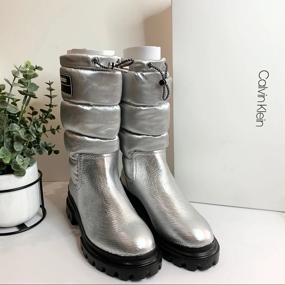 Calvin Klein Leaton Metallic Puffy Bomber Boots Winter Shoes Water Resistant